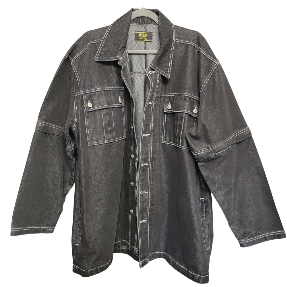 Rodin Gold Classic Denim Jacket Mens XL Black Contrast Stitch Convertible Sleeve